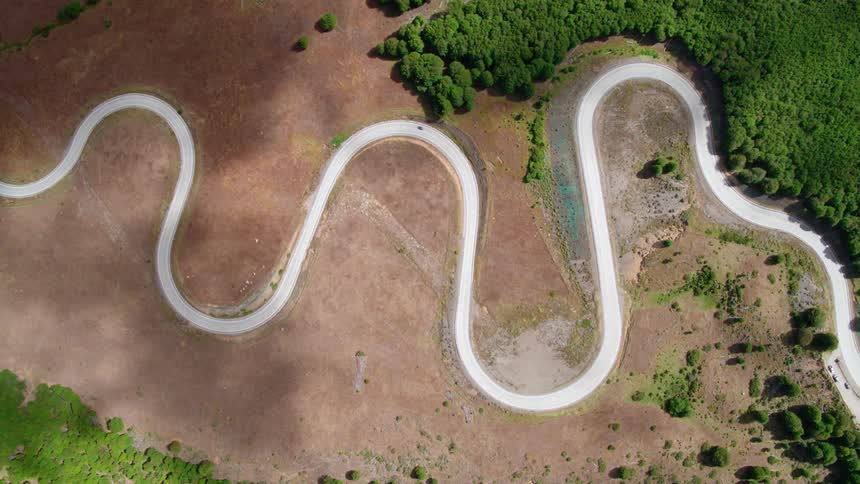 Vehicle travels on a curved road near the forest