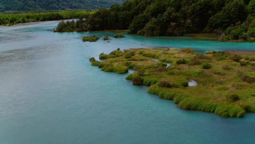 Small islands sit in the river near the forest