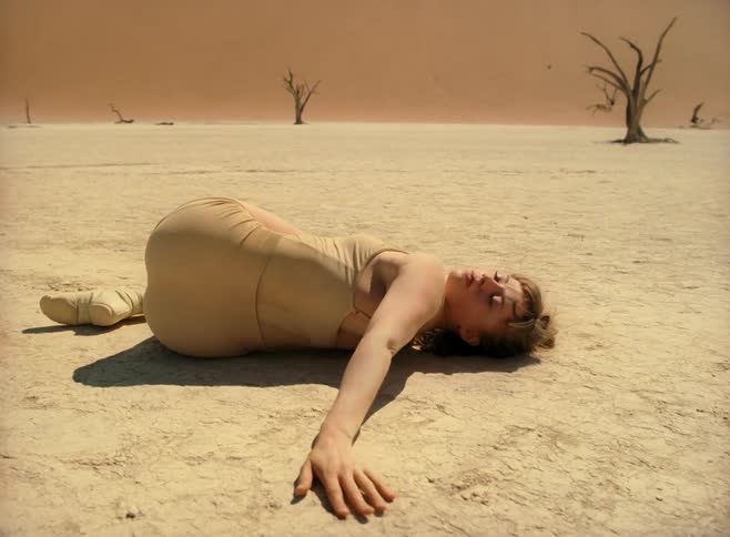 A white female dancer rolls on the ground and lifts her arm skyward in a desert
