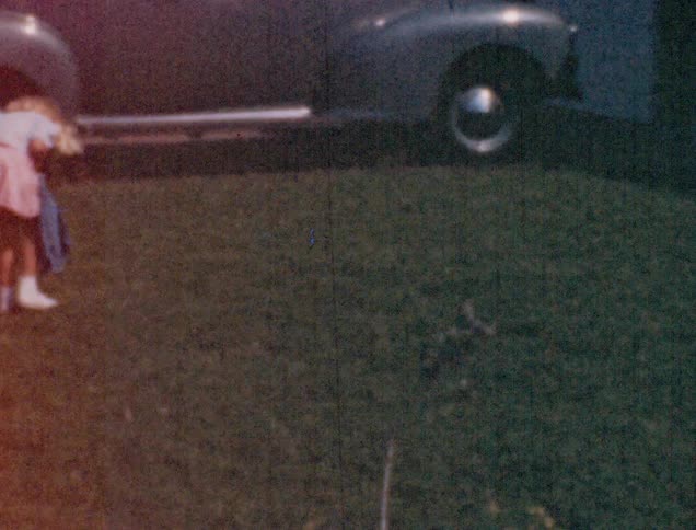 A little girl walking across the lawn of a house while holding the hand of an even younger girl