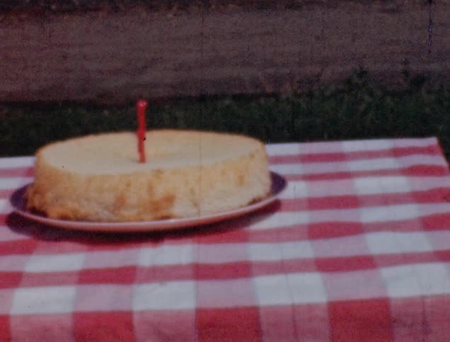 Two little girls sit outside at a table with a cake in the middle