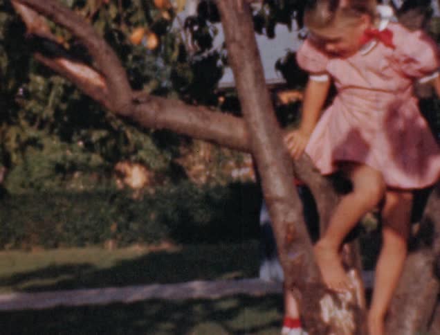 A young white girl in a dress climbs a tree while her mother and another woman stand behind on the yard
