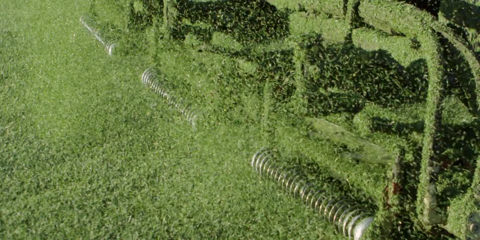 Grass flies as a person drives a riding lawnmower while cutting the grass