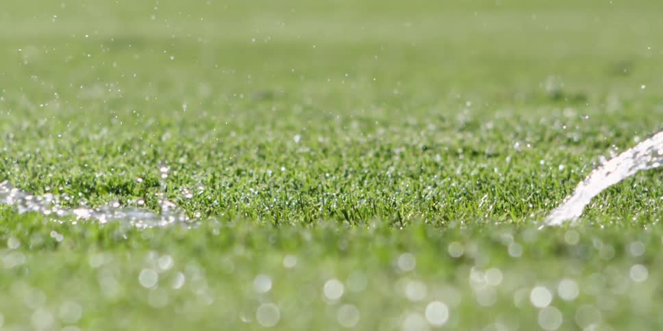A sprinkler head waters the grass and then sinks into the ground