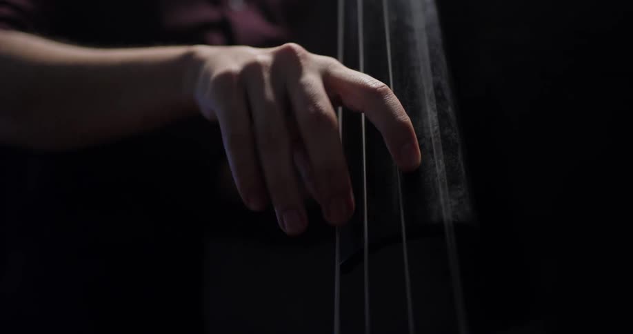 A man moves his fingers quickly as he plays the upright bass
