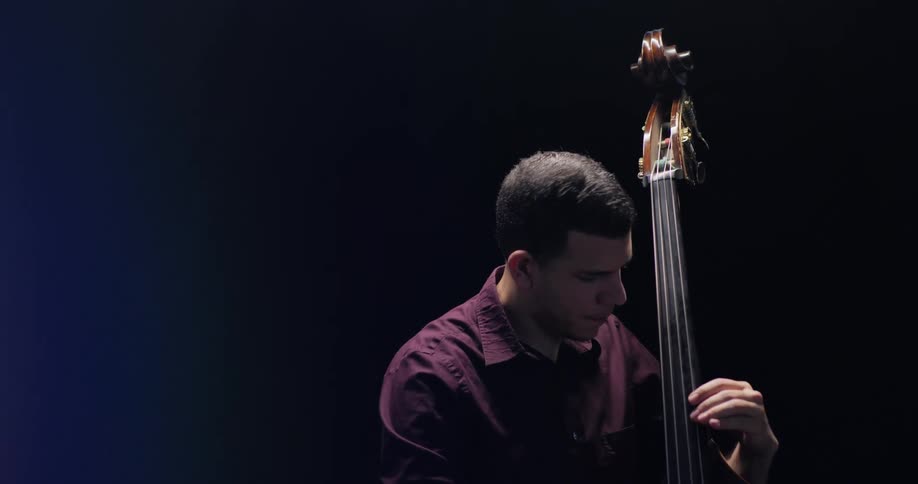A man plays the upright bass in a dark room
