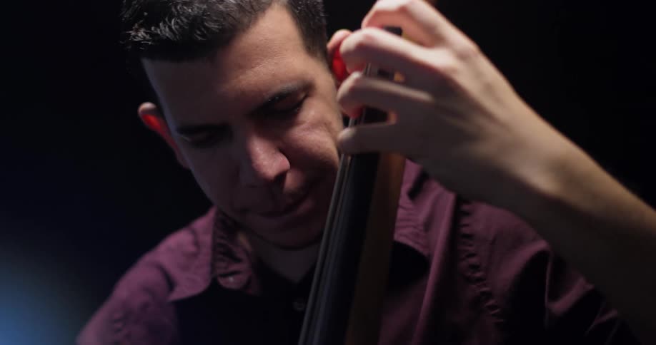 A musician is performing with an upright bass