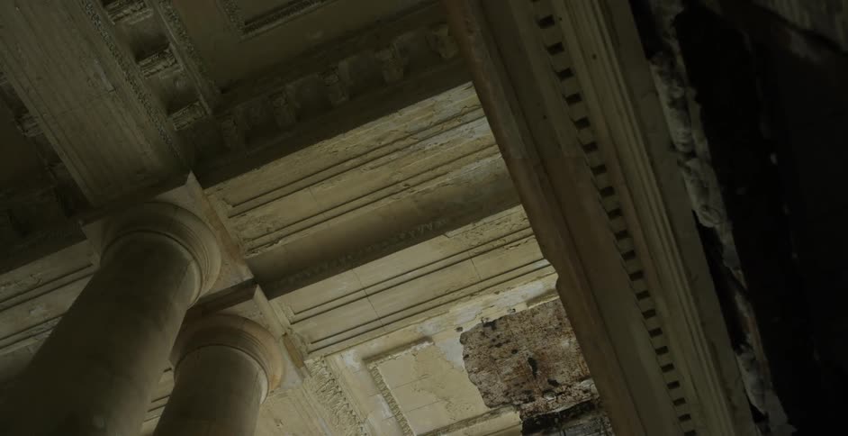 An old classical style building with damage to the interior