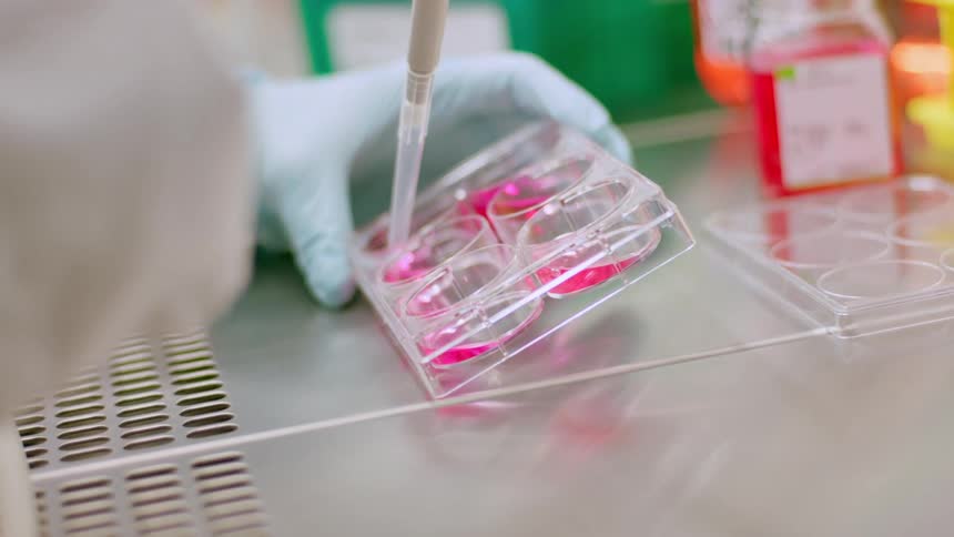 A woman in a lab moves liquid with a syringe