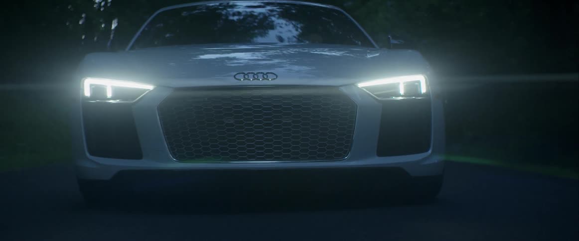 Sports car driving down a wooded highway