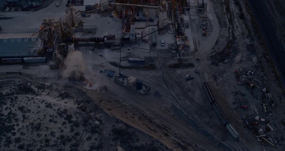 Train tracks lead to a factory in the desert