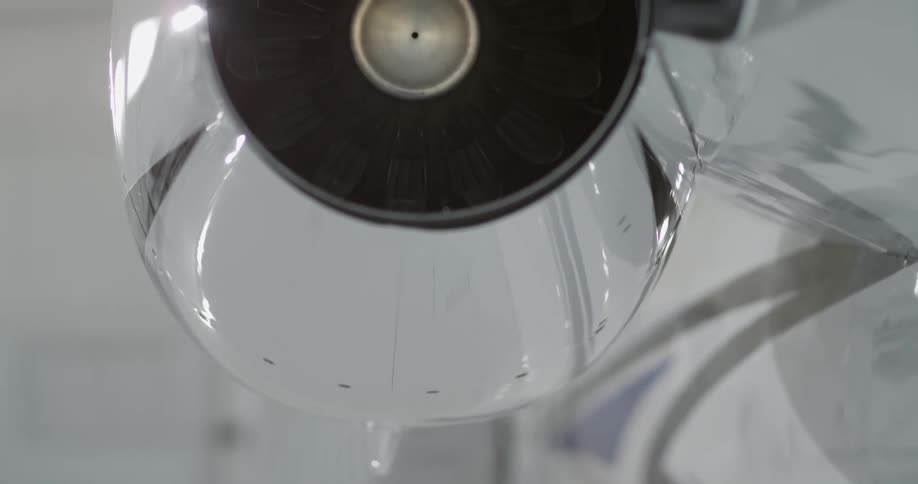An airplane engine in a hangar