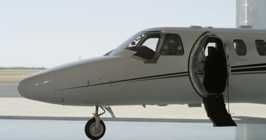 An airplane is displayed indoors