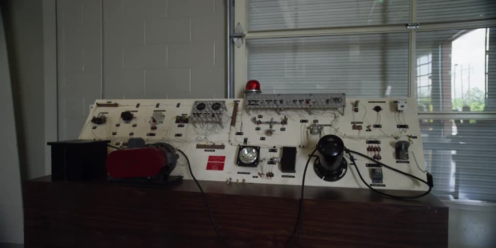 A large control panel for a machine sits on a desk in a building