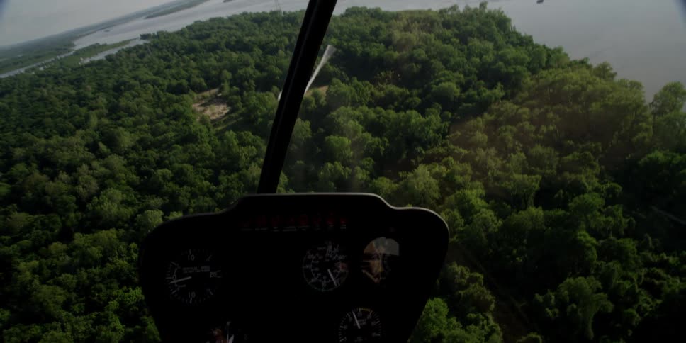 Forest partly surrounded by water seen from cockpit through glass near dashboard