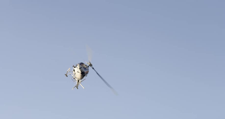 A helicopter flies sideways past a barren tree