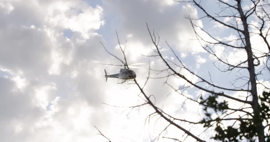 A helicopter flying in the sky with trees in the foreground and the sky in the background