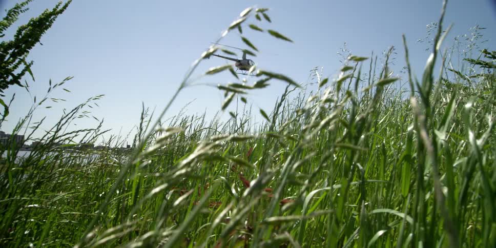 A helicopter is flying over a grassland area