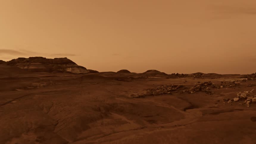 travel through Mars landscape after sunset