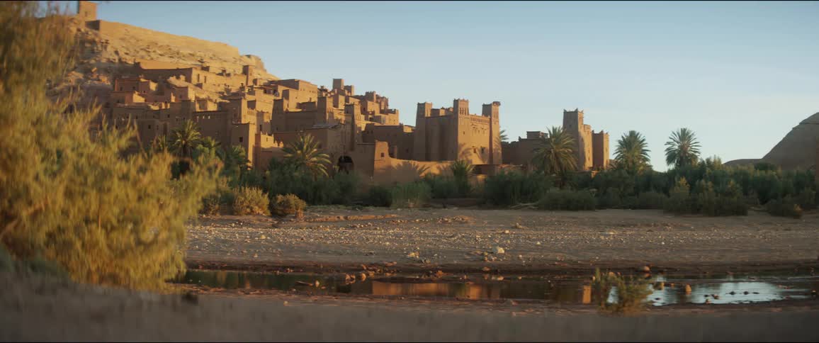 An ancient city stands amidst palm trees and bushes