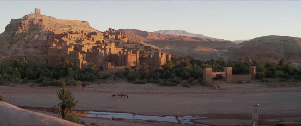 A desert with a person with camels and a town in the background