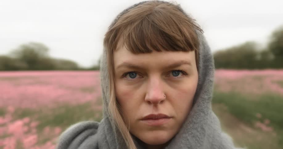 Close up of woman posing in a field of pink flowers