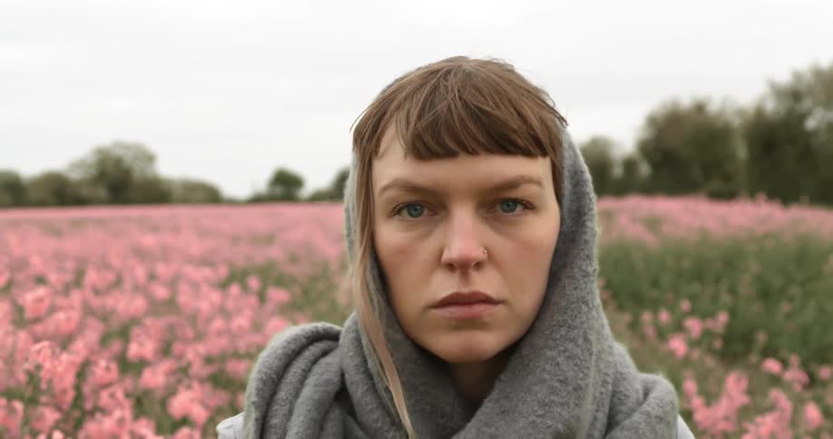 A teenager walks through a field of flowers