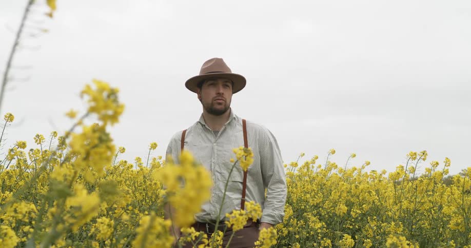 A man wearing old fashioned clothing standing in a field of tall yellow flowers under a cloudy sky