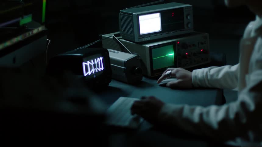 A white man sits at a desk and clicks on a mouse while screens flash information on a machines