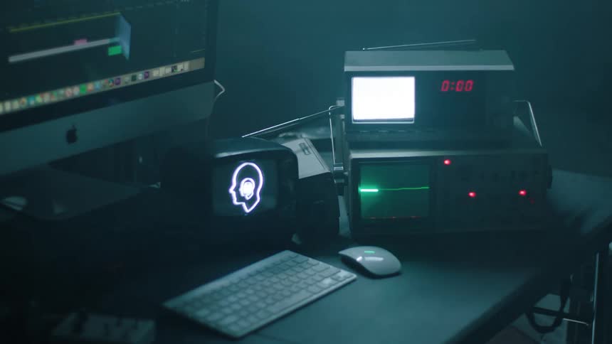A computer and old electronics on a desk in a dark room