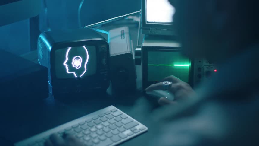 Man manipulates mouse and keyboard near monitors and scientific equipment