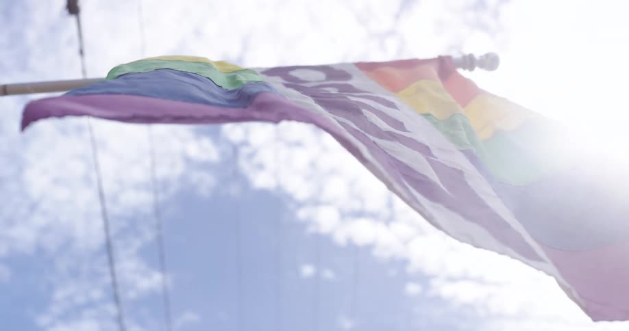 A rainbow flag flies from a flagpole attached to a utility pole