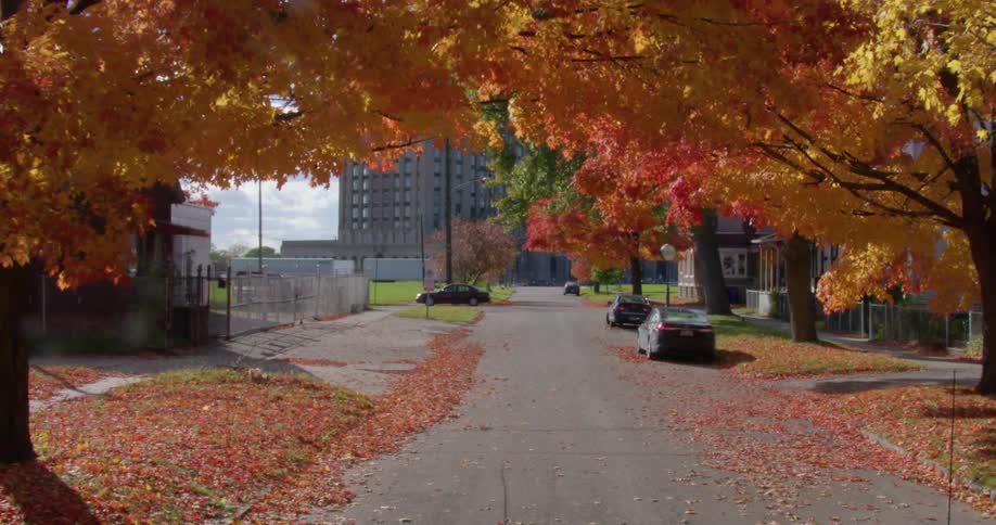 A car drives across an intersection in a neighborhood in the fall