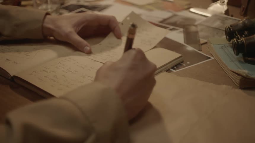 A man writes in a notebook at a desk