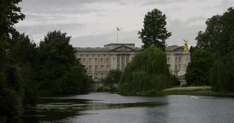 Birds are swimming in a pond before Buckingham Palace