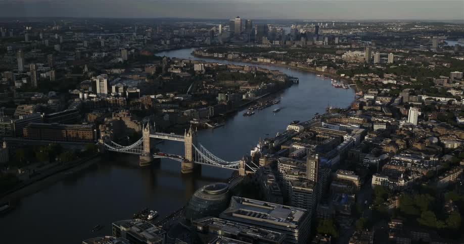 Aerial view of a city with a body of water running in the middle