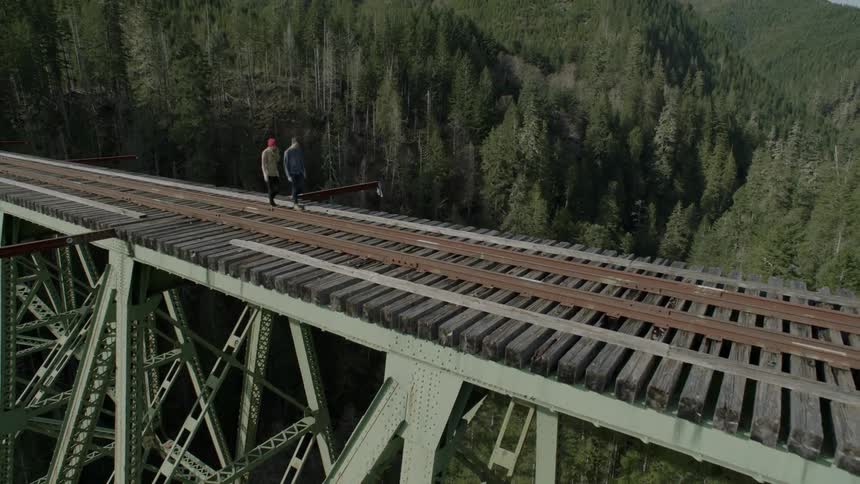 A couple walking across a train trestle that spans a steep, mountain canyon