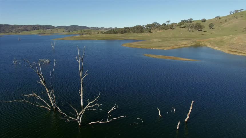 Aerial view of a lake on a sunny day