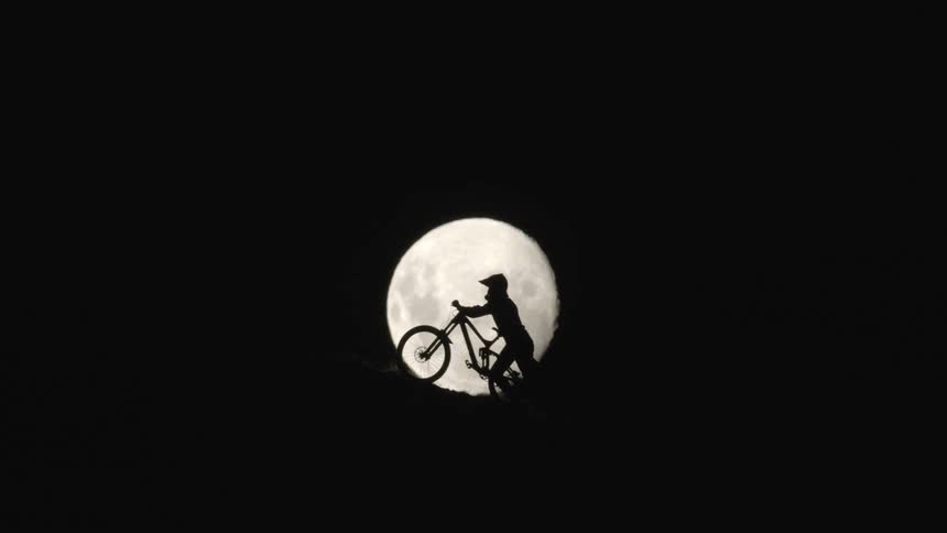The shadow of a person pushing a bike up a hill in front of a moon
