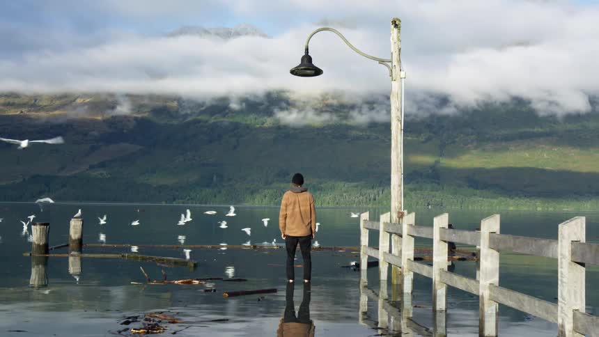 A person stands on the edge of a pier with a flock of birds flying close to the mountainside lake