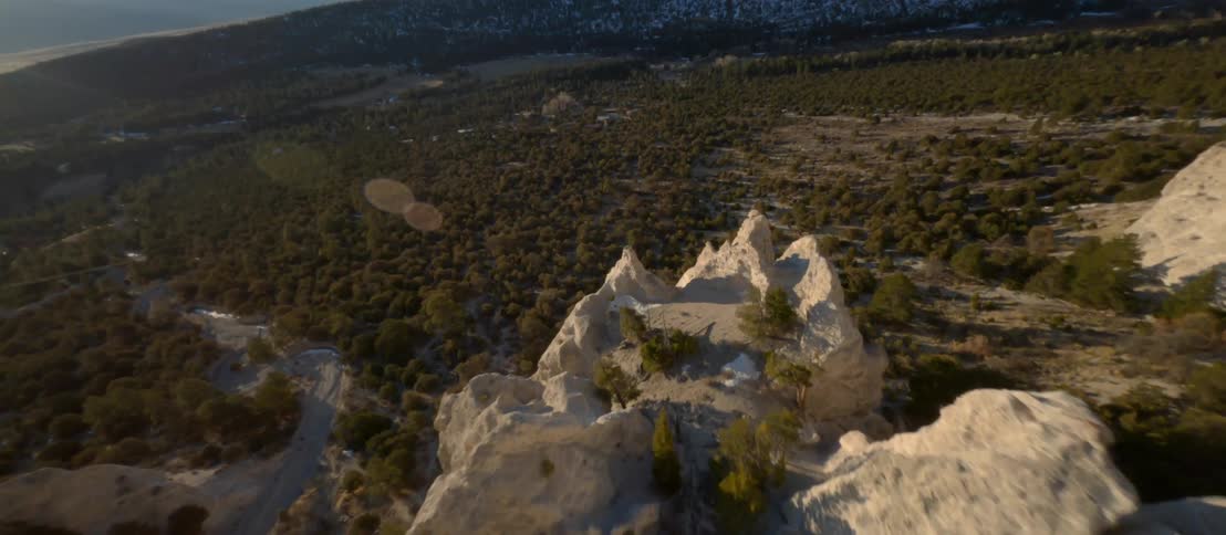 Aerial view of cliffs and a forest