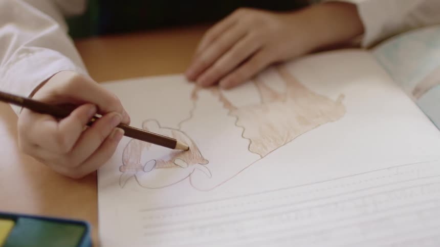A boy colors in a cow on a worksheet at school