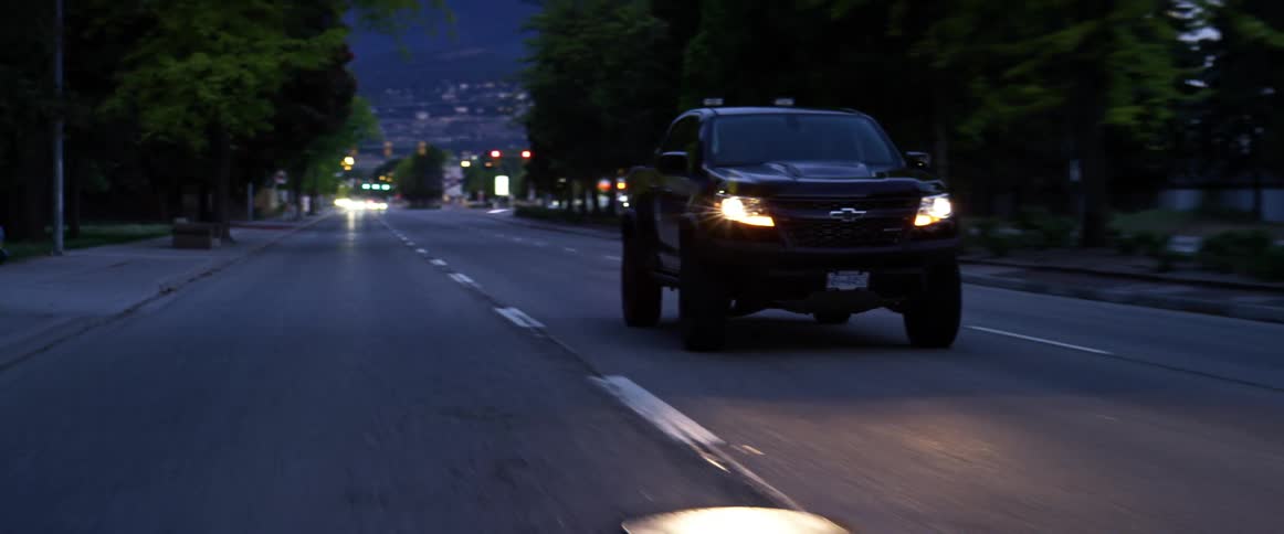 Car drives past trees and buildings with mountain in background at night