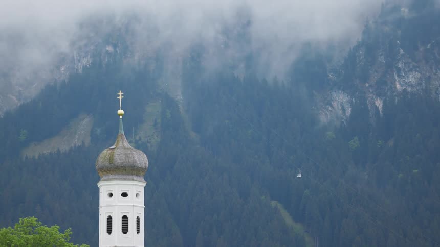 The steeple on a church in front of a forest