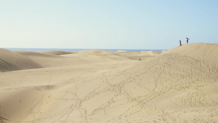 Two people stand together on tall dune in desert under a clear blue sky