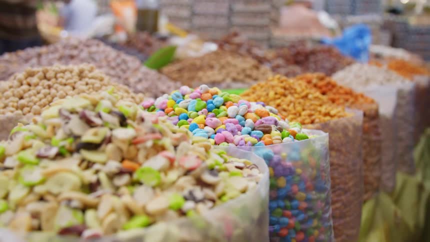 Local treats displayed at a market in morocco
