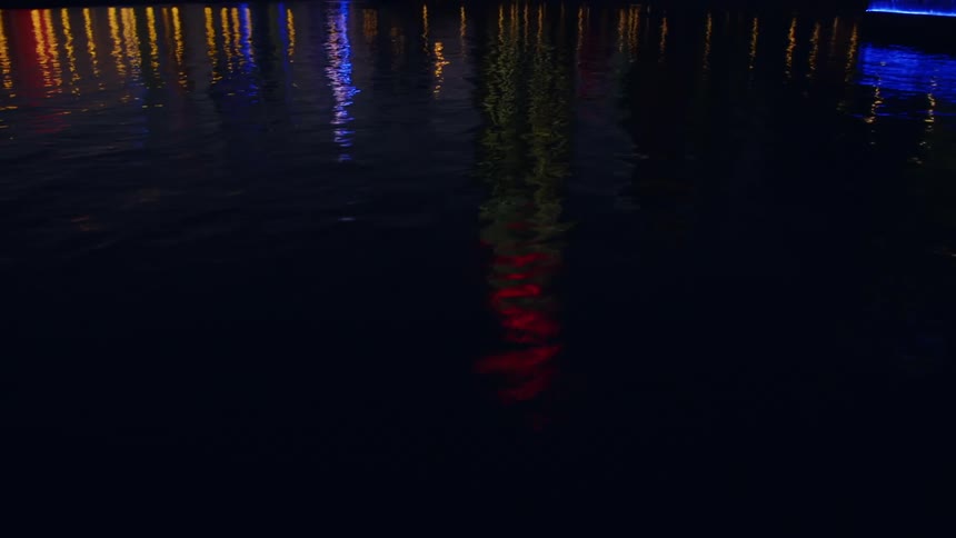 Lights reflecting on a lake at night