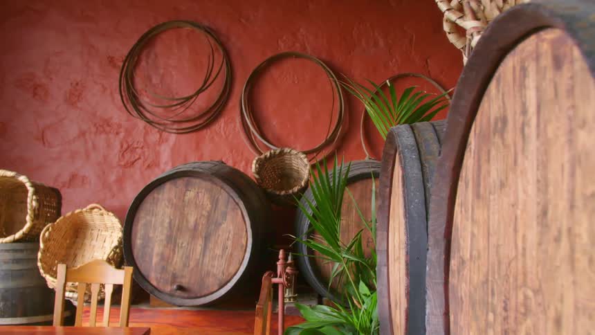 Barrels and kegs inside a restaurant