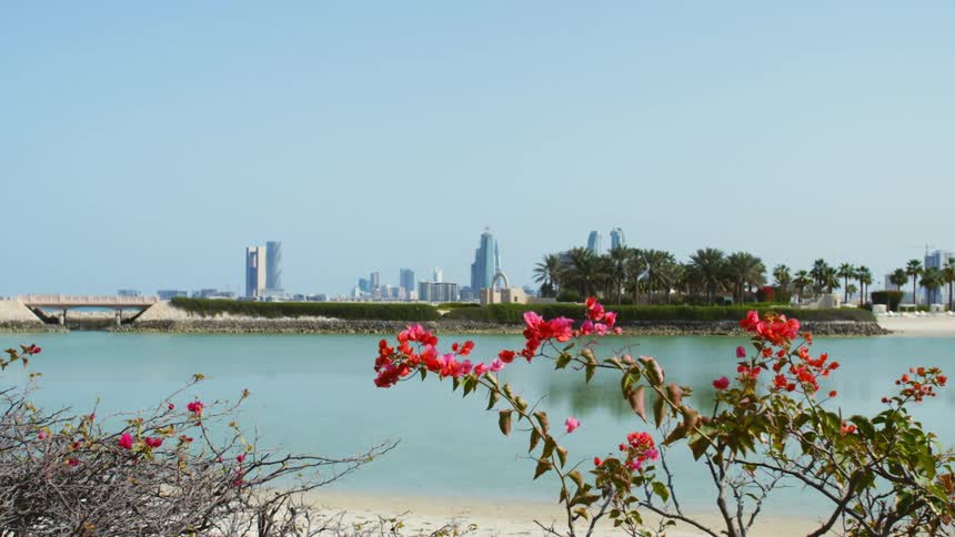 A small beach sits across the river from downtown
