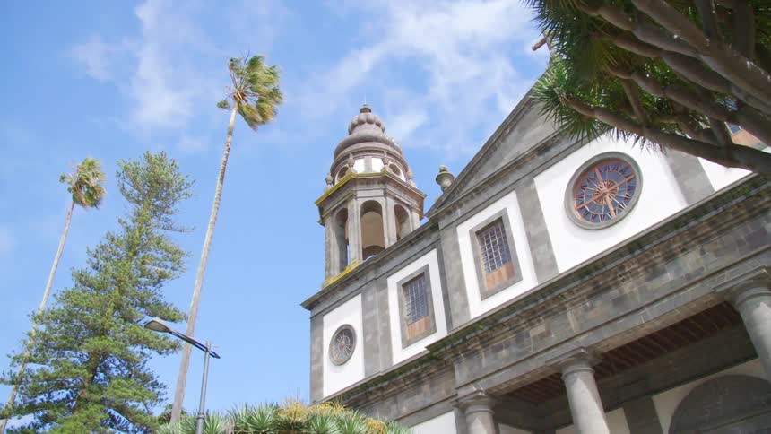 A building is displayed near some tropical trees
